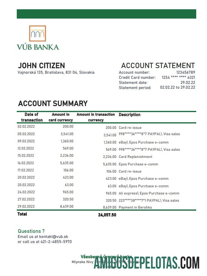Exemplo de extrato bancário VUB da Eslováquia Xls